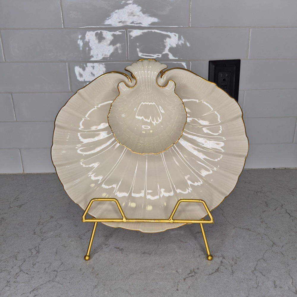 Lenox Chip And Dip Server Shell Scalloped Gold Trim Cream Unisex